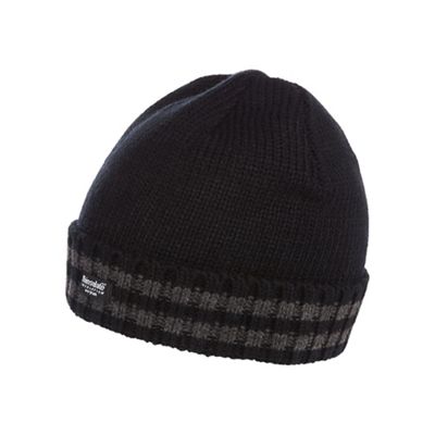 Black striped fleece lined beanie hat